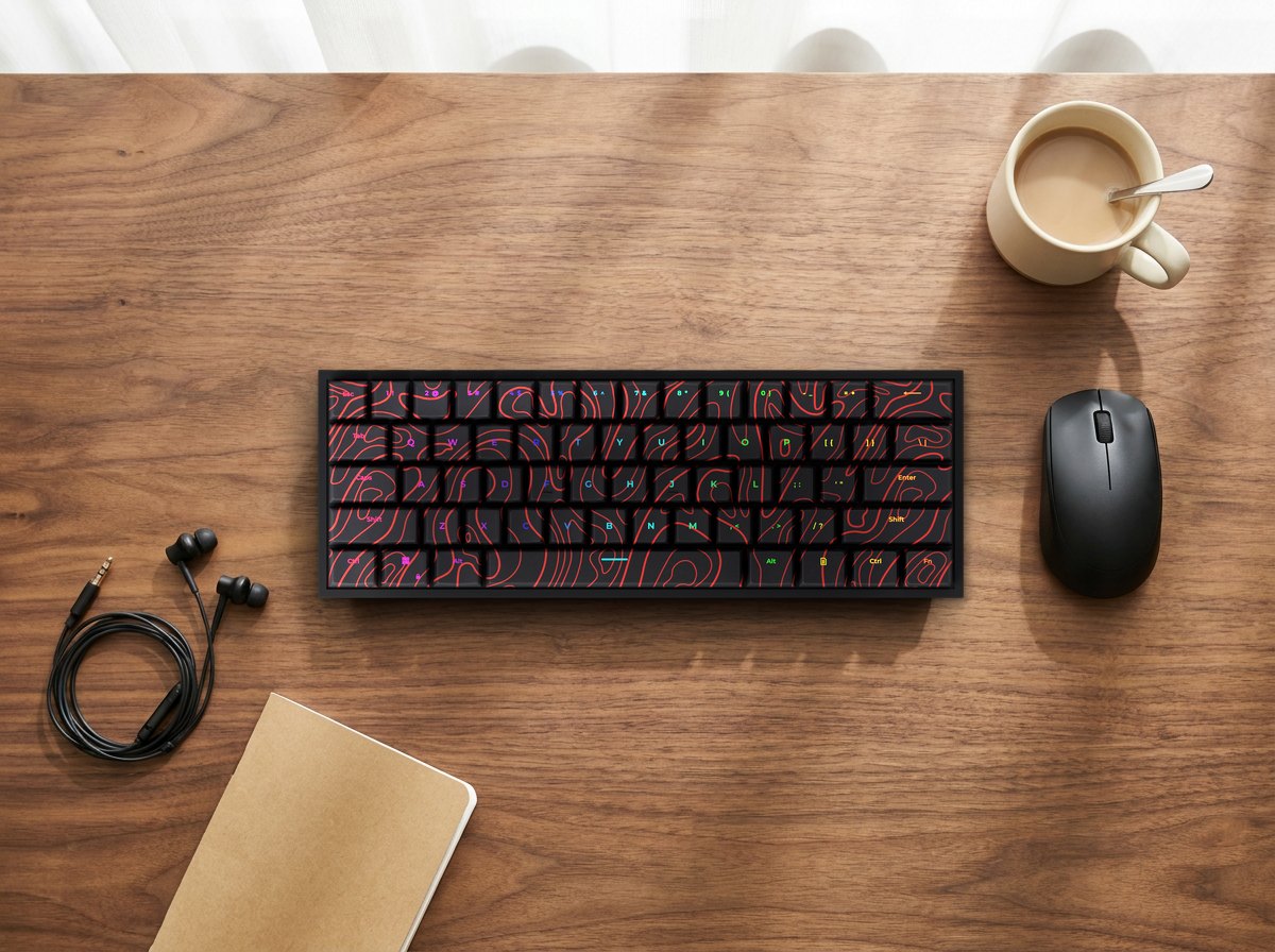 Red Black Damascus T60 Pro keyboard on a walnut desk
